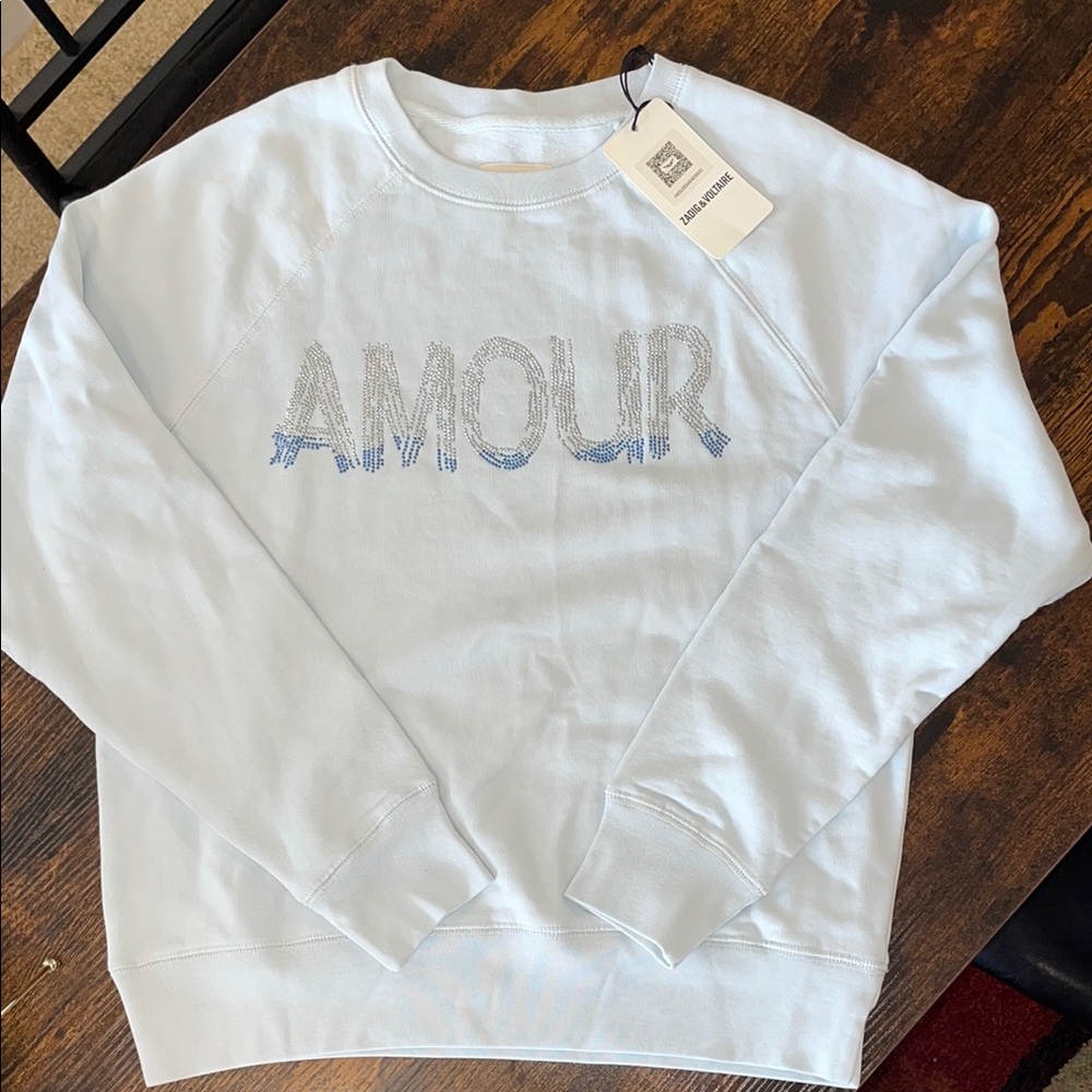 NWT Zadig & Voltaire Sky Blue Crewneck with Amour Silver Details Size XS